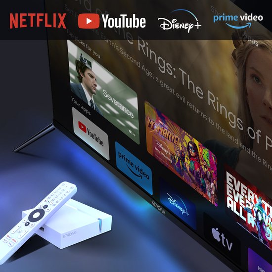 Smart TV-scherm met diverse streamingdiensten zoals Netflix, YouTube, Disney+ en Prime Video.