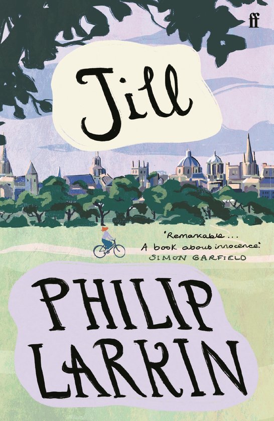 Livre 'Jill' par Philip Larkin. Une fille fait du vélo sur une colline avec une ville en arrière-plan.