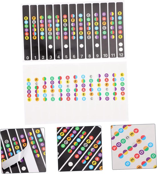 Overzicht van gitaartuner stickers. Drie close-ups tonen de stickers met noten en halve noten, en het loskomen van een sticker.