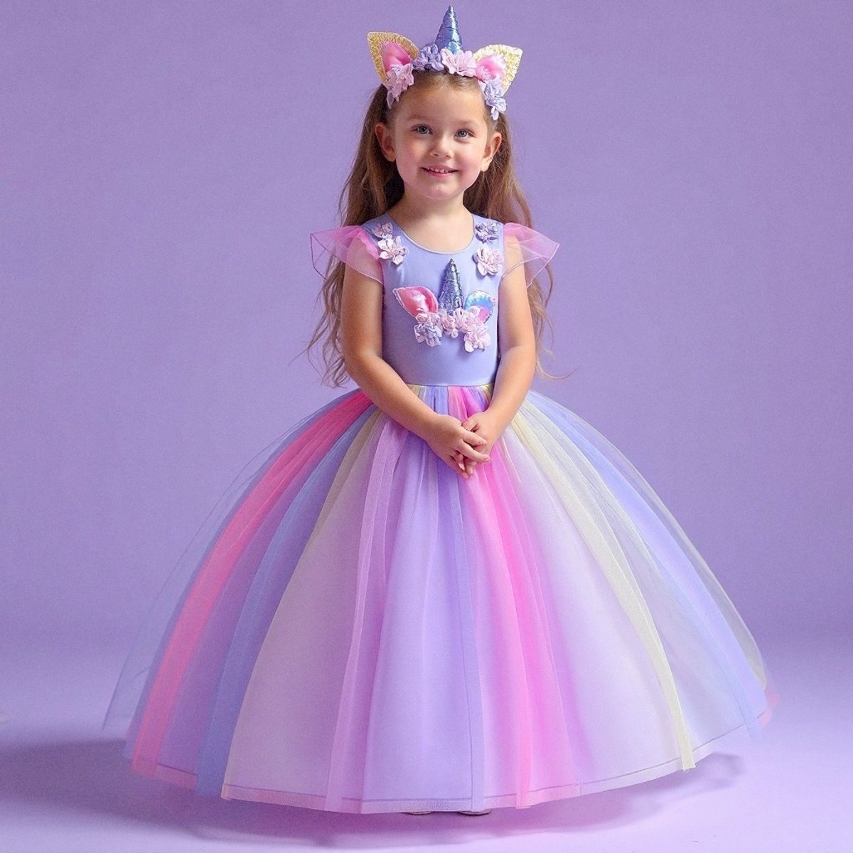 Joya Kids® Paarse Eenhoorn Verkleed Jurk Set | Unicorn Jurk kostuum | Prinsessen jurk verkleedjurk + Haarband | (120) | Cadeau meisje — afbeelding 4