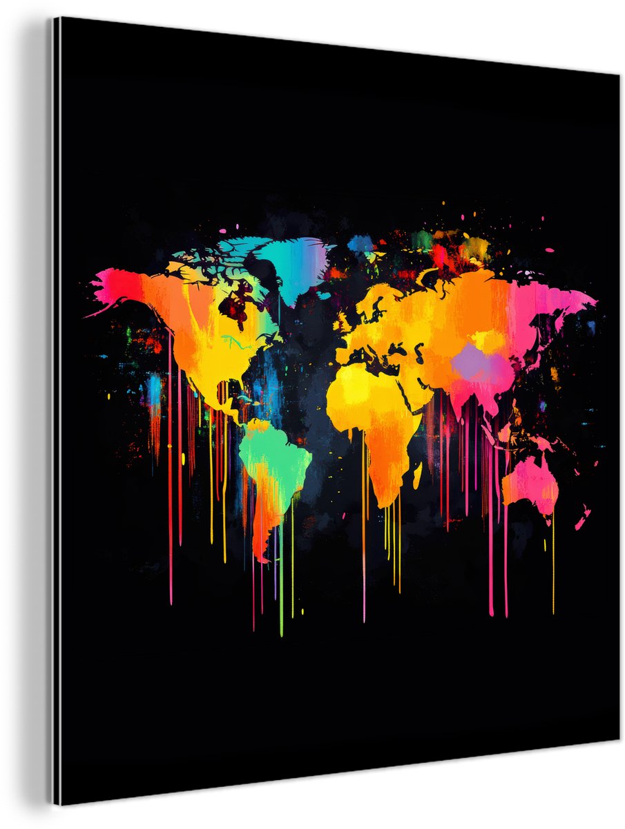 Aluminium schilderij 20x20 cm - Wanddecoratie metaal - Wereldkaart - Verf - Kleurrijk - Graffiti - Wereld - Metalen muurdecoratie woonkamer - Decoratie industrieel - Foto op dibond - Industriële accessoires slaapkamer