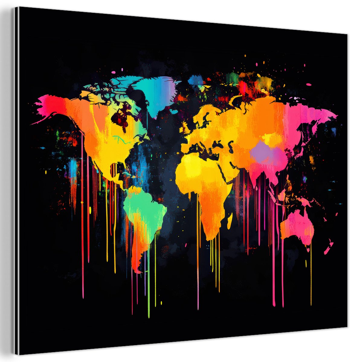 Aluminium schilderij 160x120 cm - Wanddecoratie metaal - Wereldkaart - Verf - Kleurrijk - Graffiti - Wereld - Metalen muurdecoratie woonkamer - Decoratie industrieel - Foto op dibond - Industriële accessoires slaapkamer
