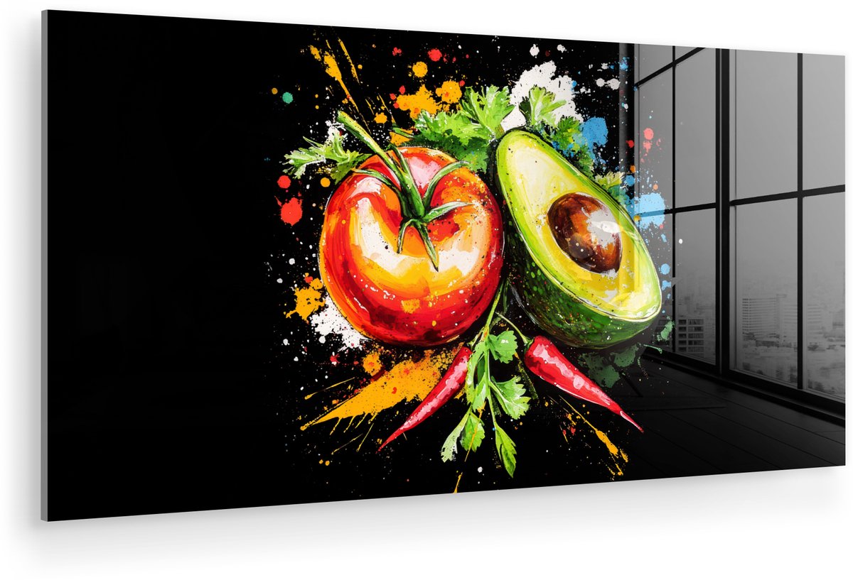 MuchoWow® Glasschilderij 80x40 cm - Schilderij acrylglas - Tomaat - Avocado - Peper - Graffiti - Verf - Modern - Foto op glas - Muurdecoratie woonkamer - Wanddecoratie slaapkamer - Schilderijen