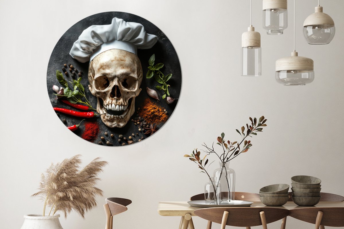 WallCircle Wandcirkel - Muurcirkel - Skelet - Kruiden - Eten - Schedel - Kok - Aluminium - Dibond - 140x140 cm - Binnen en Buiten Schedel - Specerijen