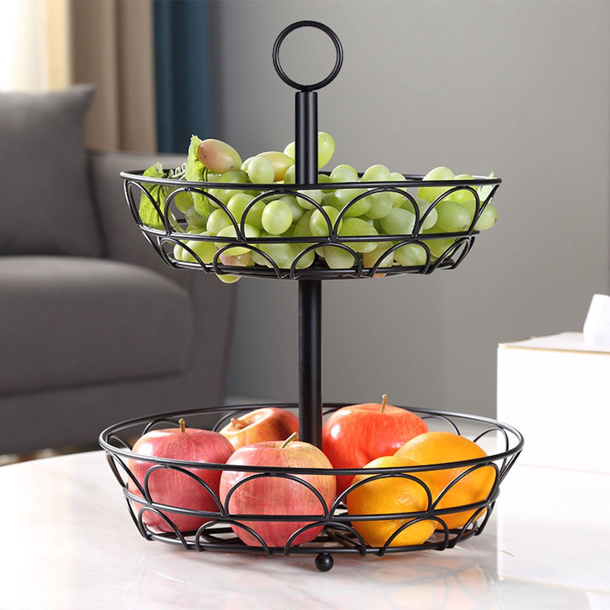 Decopatent - 2-laags Ronde Fruit etagere - Fruitschaal Rond - Fruitmand - Ø29CM - Metaal - Modern en Stijlvol - Afmetingen: 29 x 29 x 42 Cm