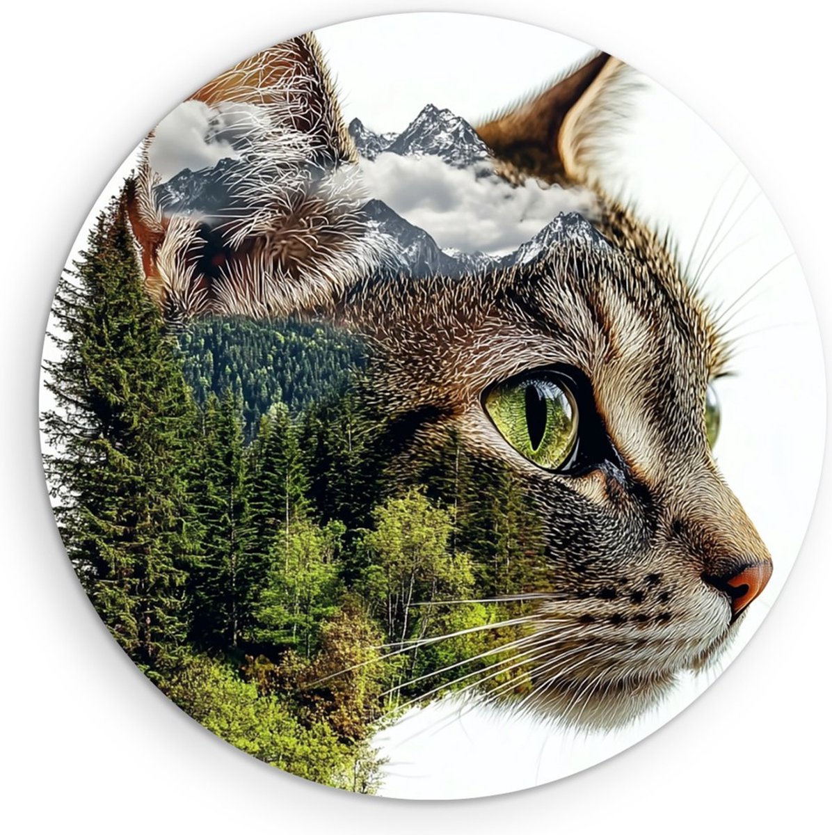 Saammp Muurcirkel Hout - Kat met bos doorkijk - Natuur - Dieren - Ø 80 - Wandcirkel - Wanddecoratie Cirkel - Muurdecoratie Woonkamer - Slaapkamer decoratie - Rond Schilderij