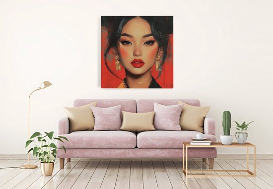 Peinture abstraite d'une femme asiatique aux cheveux relevés, lèvres rouges et boucles d'oreilles dorées, sur fond rouge.