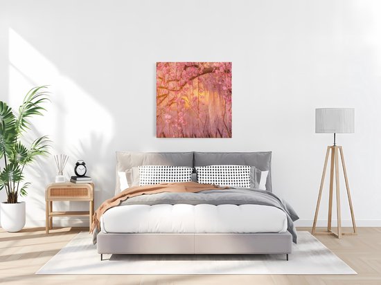 Saammp Canvas Schilderij - Roze bloesem met zonsondergang - Natuur - Landschap - 30x30 - Foto op canvas - Wanddecoratie - Muurdecoratie Woonkamer - Slaapkamer decoratie - Canvas Print
