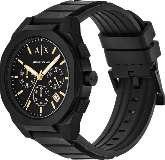 Zwart Armani Exchange horloge met gouden accenten en een zwart rubberen band.