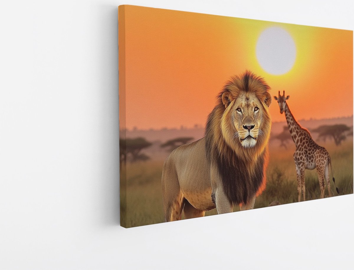 Saammp Canvas Schilderij - Leeuw met Giraffe - Dieren - Natuur - 45x30 - Foto op canvas - Wanddecoratie - Muurdecoratie Woonkamer - Slaapkamer decoratie - Canvas Print Multicolor