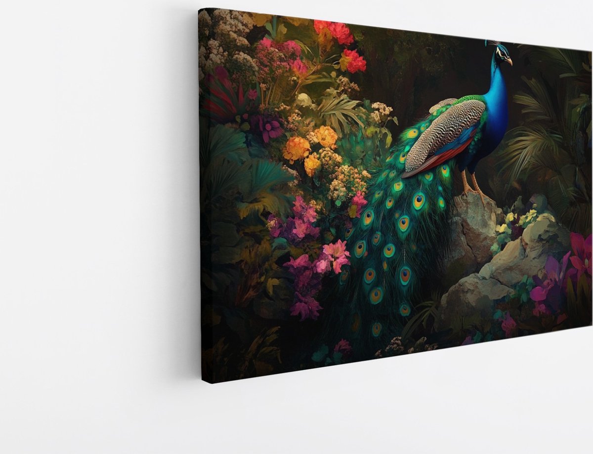 Saammp Canvas Schilderij - Pauw tussen de gekleurde bloemen - Dieren - Natuur - 120x80 - Foto op canvas - Wanddecoratie - muurdecoratie Woonkamer - Slaapkamer decoratie - Canvas Print Multicolor