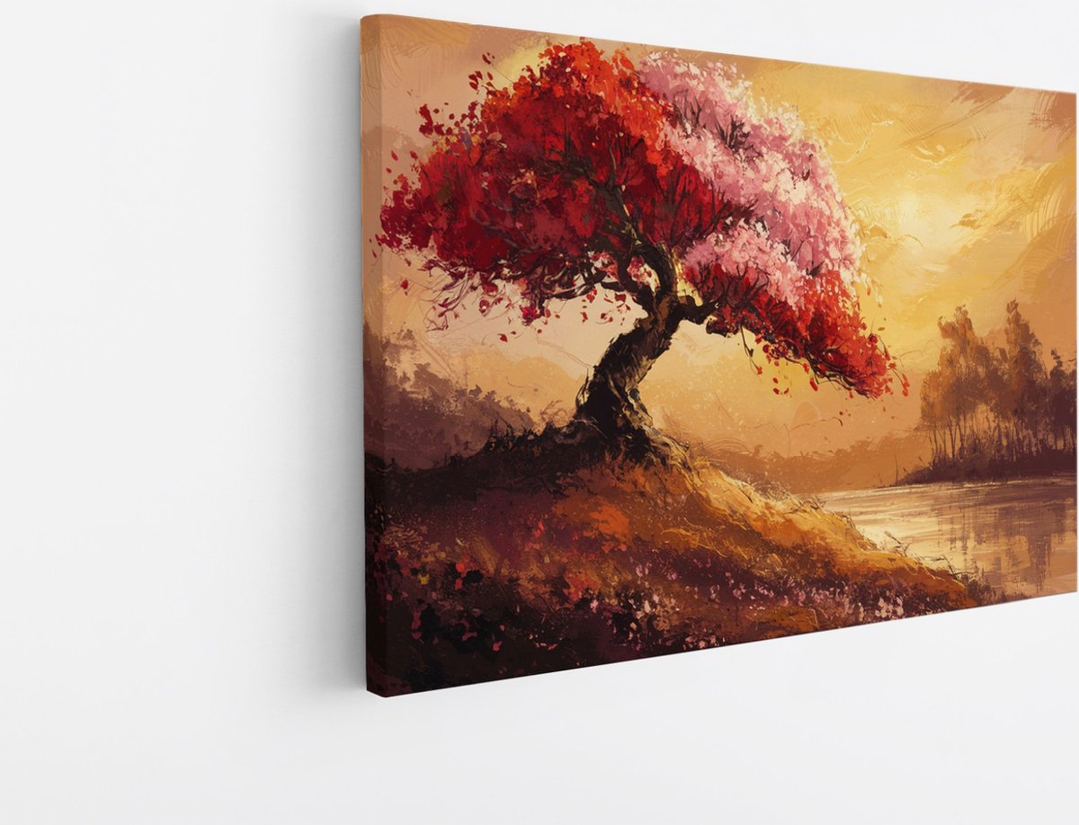 Saammp Canvas Schilderij - Abstracte Boom met rode bladeren - Landschap - Natuur - 40x30 - Foto op canvas - Wanddecoratie - Muurdecoratie Woonkamer - Slaapkamer decoratie - Canvas Print Multicolor