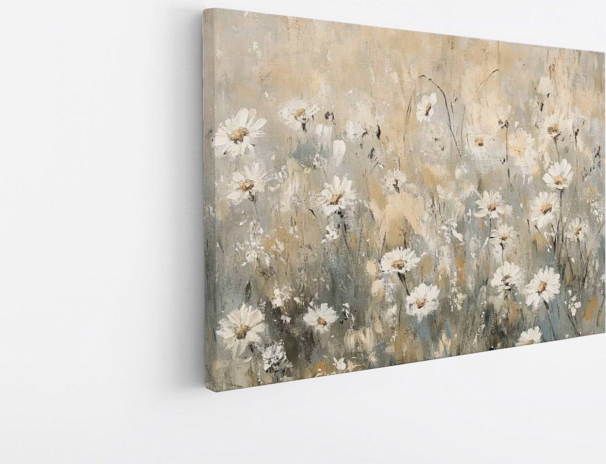 Saammp Canvas Schilderij - Rustige Weide met Witte Madeliefjes - Natuur - Romantisch Abstract - 40x30 - Foto op canvas - Wanddecoratie - Muurdecoratie Woonkamer - Kantoor Decoratie Multicolor