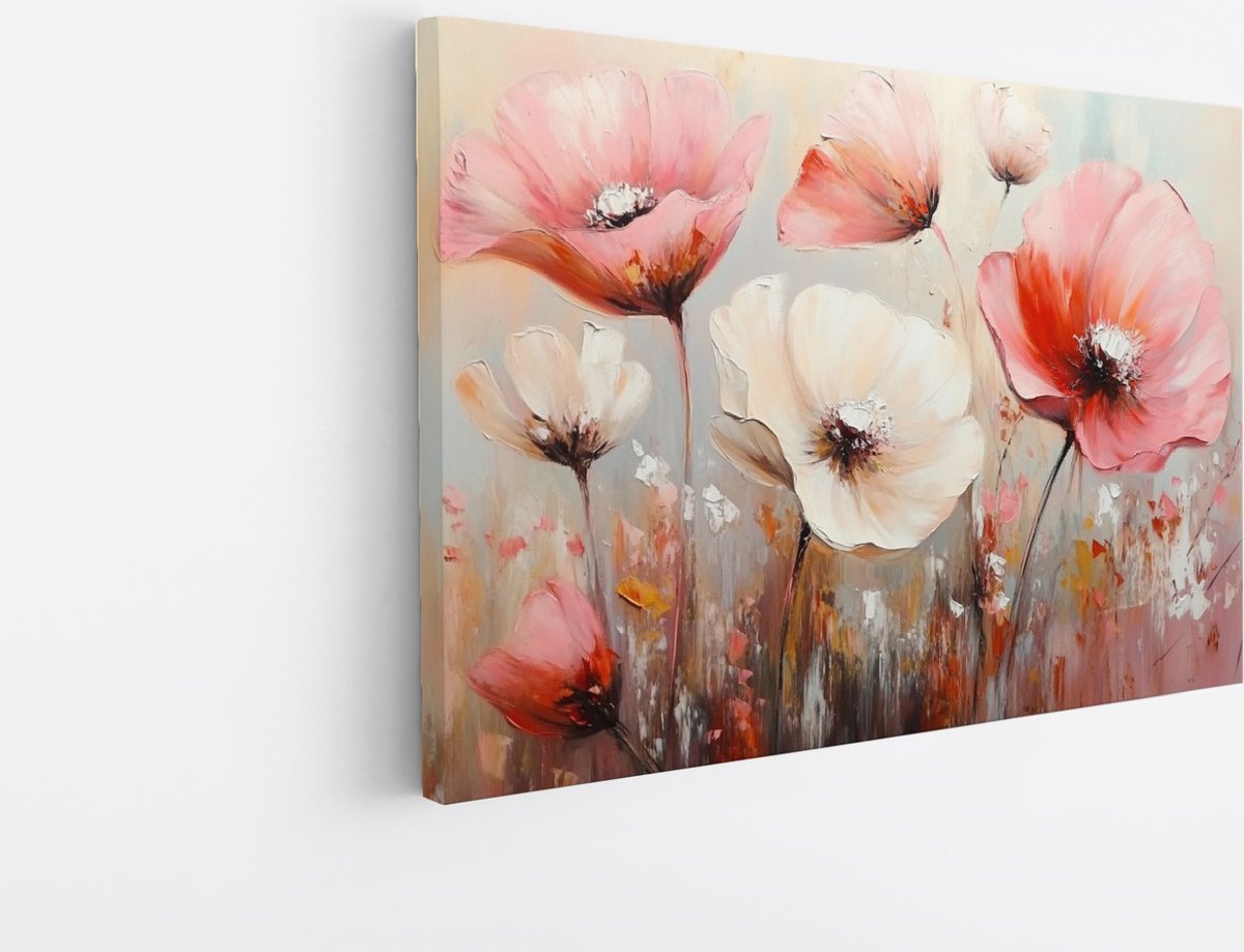 Saammp Canvas Schilderij - Wit Roze Gekleurde Bloemen - Natuur - Abstract - 120x80 - Foto op canvas - Wanddecoratie - Muurdecoratie Woonkamer - Kantoor Decoratie Multicolor
