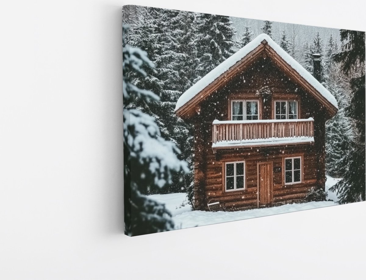 Saammp Canvas Schilderij - Natuur - Huis in de sneeuw - bomen - landschap - 100x75 - Foto op canvas - Wanddecoratie - Muurdecoratie Woonkamer - Slaapkamer decoratie - Canvas Print Multicolor