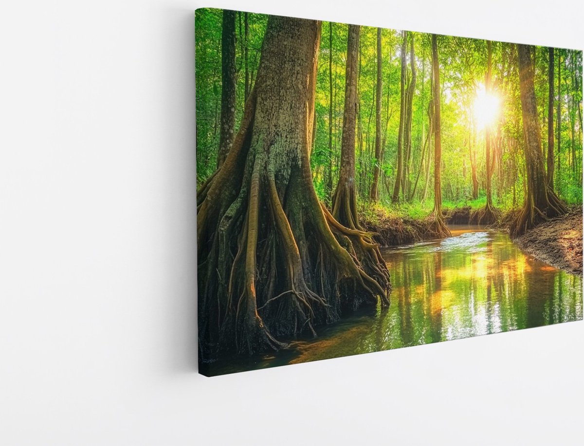 Saammp Canvas Schilderij - Natuur - Zon tussen de bomen door - Water - landschap - 100x75 - Foto op canvas - Wanddecoratie - Muurdecoratie Woonkamer - Slaapkamer decoratie - Canvas Print Multicolor
