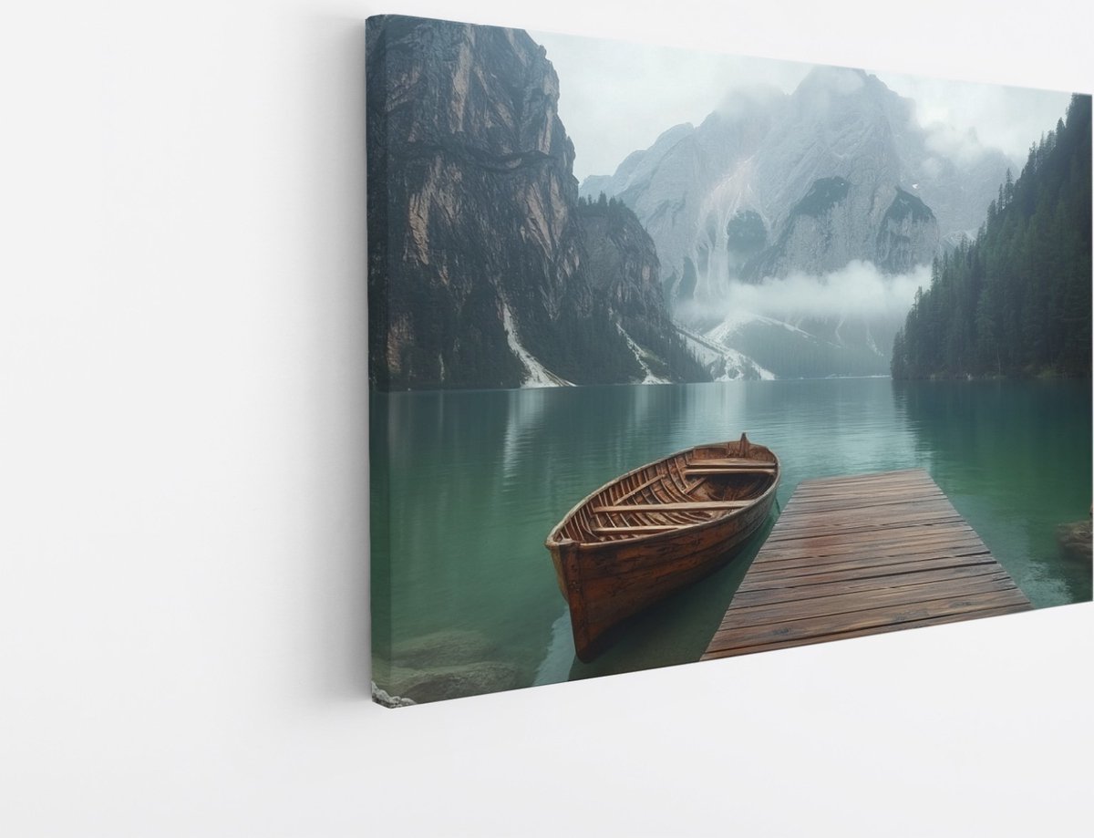 Saammp Canvas Schilderij - Boot aan steiger - Dolomieten - Landschap - Natuur - 70x50 - Foto op canvas - Wanddecoratie - Muurdecoratie Woonkamer - Slaapkamer decoratie - Canvas Print Multicolor