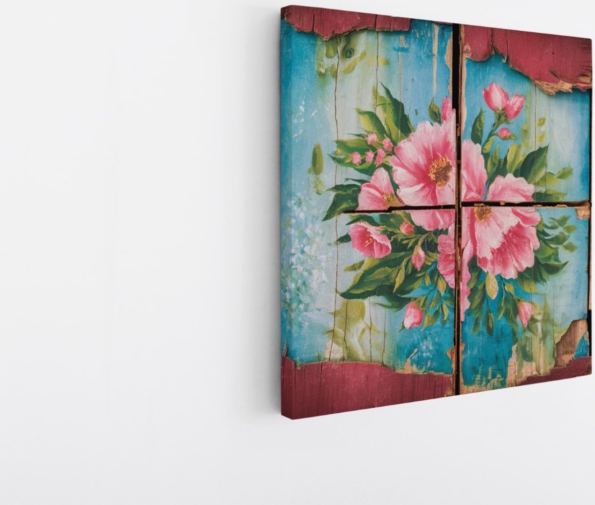 Saammp Canvas Schilderij - Bloemen op hout - Abstract - 30x30 - Foto op canvas - Wanddecoratie - Muurdecoratie Woonkamer - Kantoor Decoratie Multicolor
