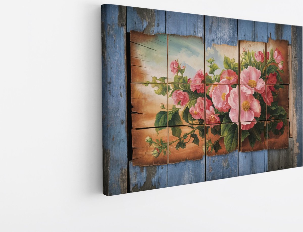Saammp Canvas Schilderij - Roze bloemen op hout - Abstract - 70x50 - Foto op canvas - Wanddecoratie - Muurdecoratie Woonkamer - Kantoor Decoratie Multicolor
