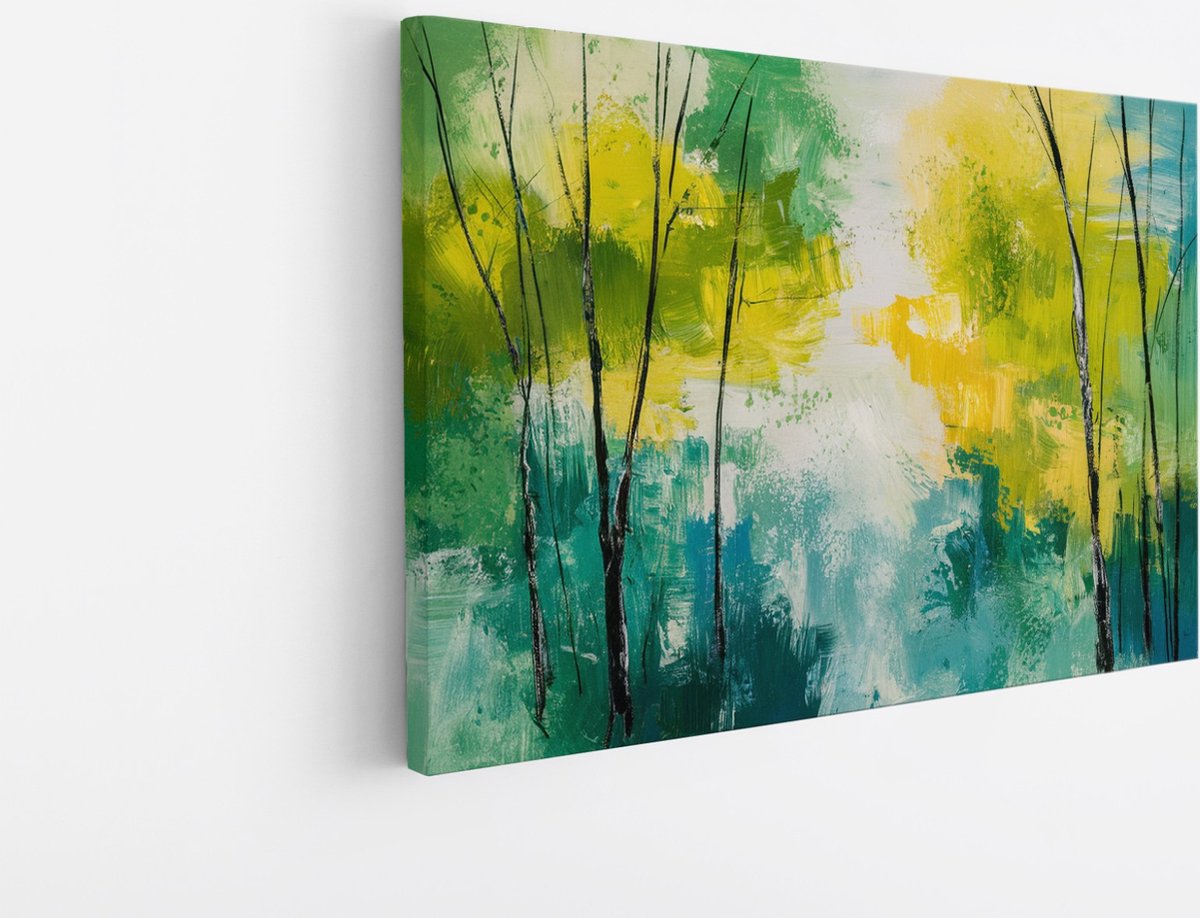 Saammp Canvas Schilderij - Bomen - Geel -Blauw - Groen - Bloemen - Landschap - Natuur - 60x40 - Foto op canvas - Wanddecoratie - Muurdecoratie Woonkamer - Slaapkamer decoratie - Canvas Print Multicolor