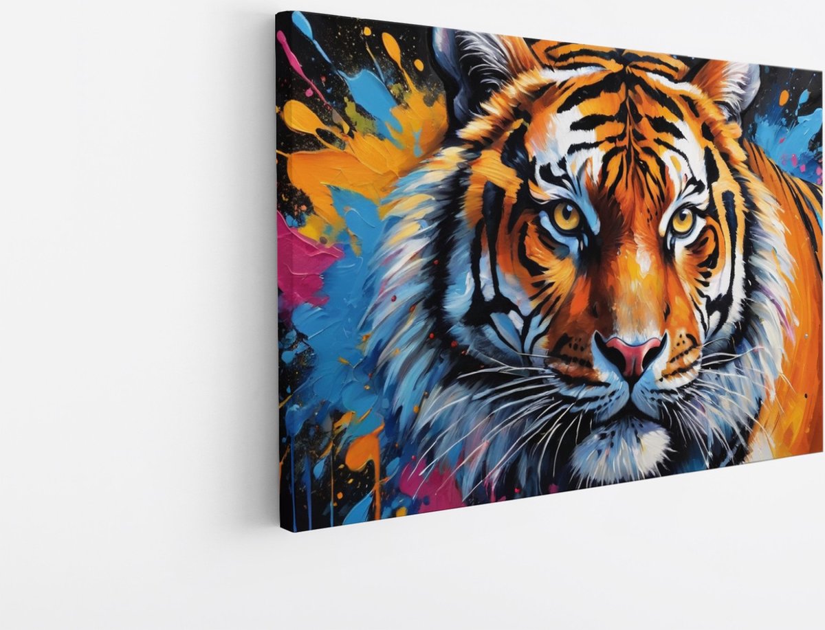 Saammp Canvas Schilderij - Kleurrijke Tijger - Verfspetters - Dieren - Abstract - 150x100 - Foto op canvas - Wanddecoratie - muurdecoratie Woonkamer - Slaapkamer decoratie - Canvas Print Multicolor