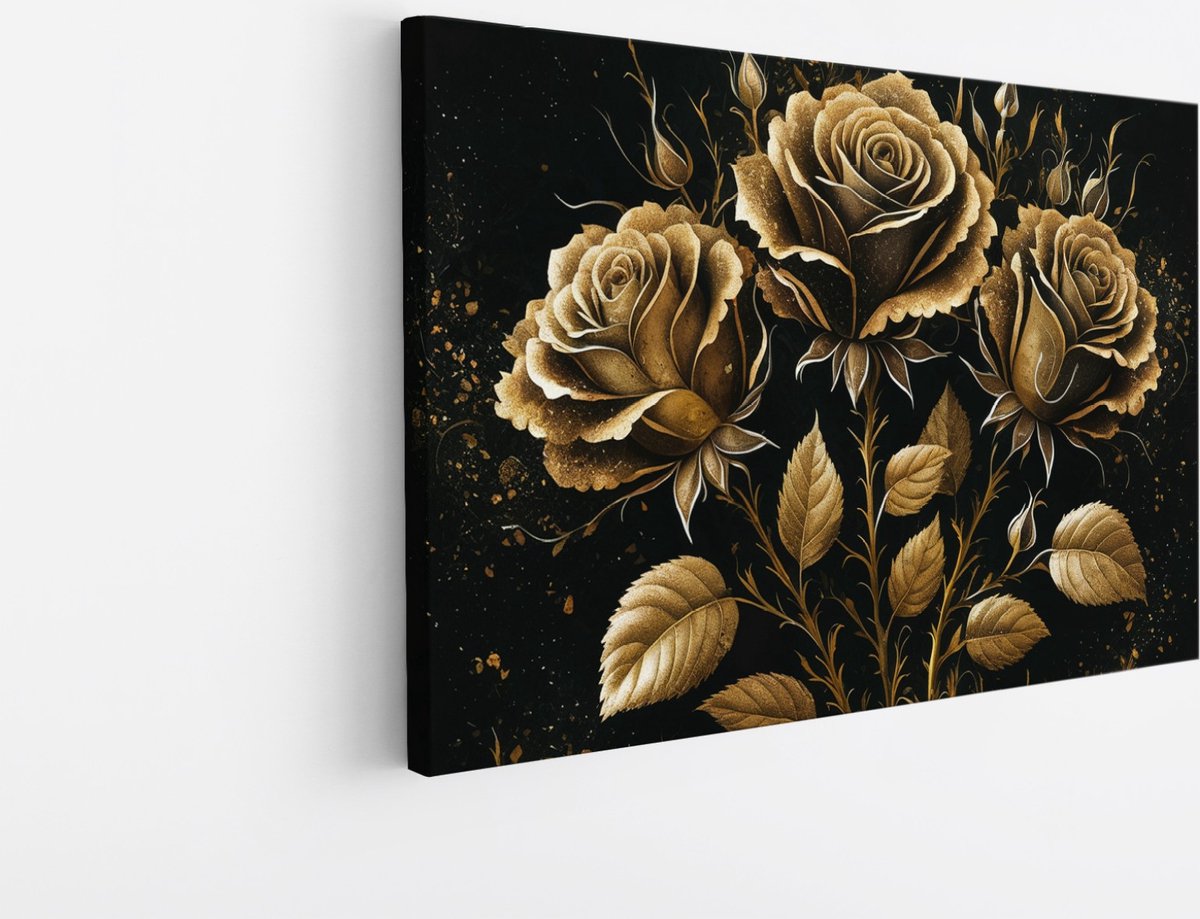 Saammp Canvas Schilderij - 3 Goude Bloemen - Abstract - 100x75 - Foto op canvas - Wanddecoratie - Muurdecoratie Woonkamer - Kantoor Decoratie Multicolor
