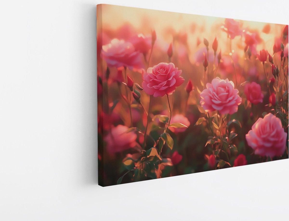 Saammp Canvas Schilderij - Rozenveld bij Zonsopkomst - Natuur - Landschap - 100x75 - Foto op canvas - Wanddecoratie - Muurdecoratie Woonkamer - Kantoor Decoratie Multicolor