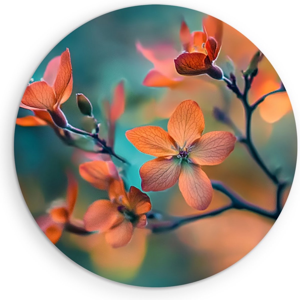 Saammp Muurcirkel Hout - Oranje bloemen aan tak - Natuur - Abstract - Ø 40 - Wandcirkel - Wanddecoratie Cirkel - Muurdecoratie Woonkamer - Woonkamer Decoratie
