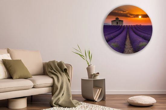 Cercle Mural Forex Saammp - Champ de Lavande avec Maison - Nature - Paysage - Ø 40 - Cercle Mural - Cercle de Décoration murale - Décoration murale Salon - Décoration Chambre - Peinture Ronde