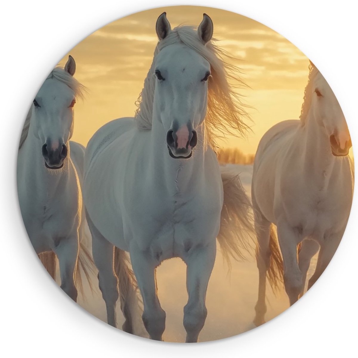 Saammp Muurcirkel Hout - paarden in de sneeuw met zonsopgang - Dieren - Natuur - Ø 30 - Wandcirkel - Wanddecoratie Cirkel - muurdecoratie Woonkamer - Slaapkamer decoratie - Rond Schilderij