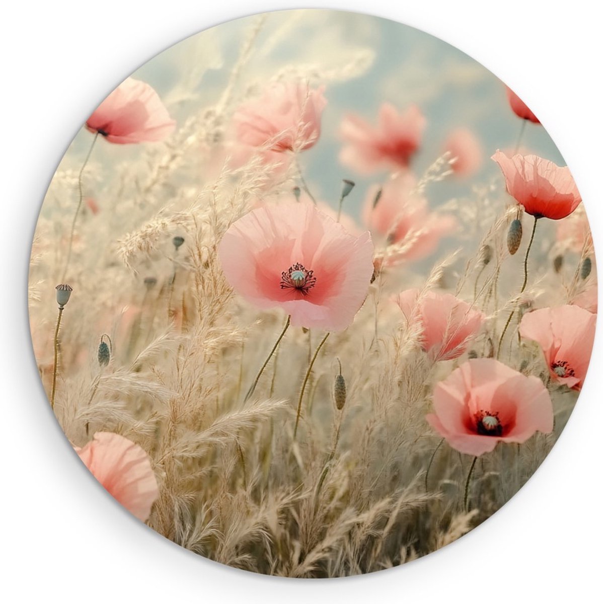 Saammp Muurcirkel Hout - Veld met Zachte Klaprozen - Bloemen - Natuur - Ø 30 - Wandcirkel - Wanddecoratie Cirkel - Scandinavisch Design - Woondecoratie