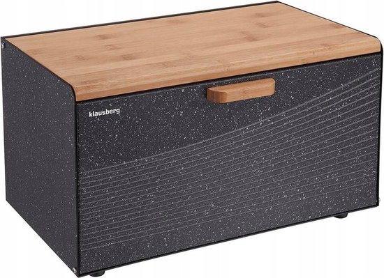 Boîte à pain noire avec un design anthracite moucheté et un couvercle en bambou.
