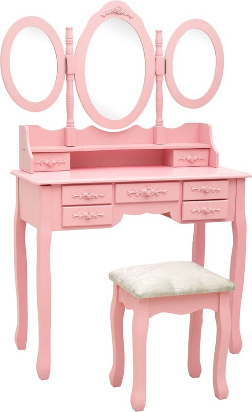 Schattige Roze en Witte Kinderkaptafel met Stoel - Kaptafels Winkel