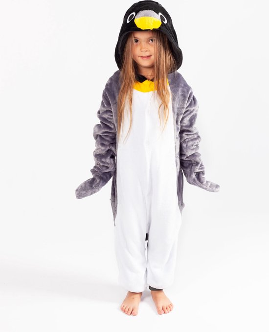 KIMU® Onesie Grijze Pinguin Pak - Maat 128-134 - Pinguinpak Kostuum Grijs - Kinder Huispak Dierenpak Jumpsuit Pyjama Festival