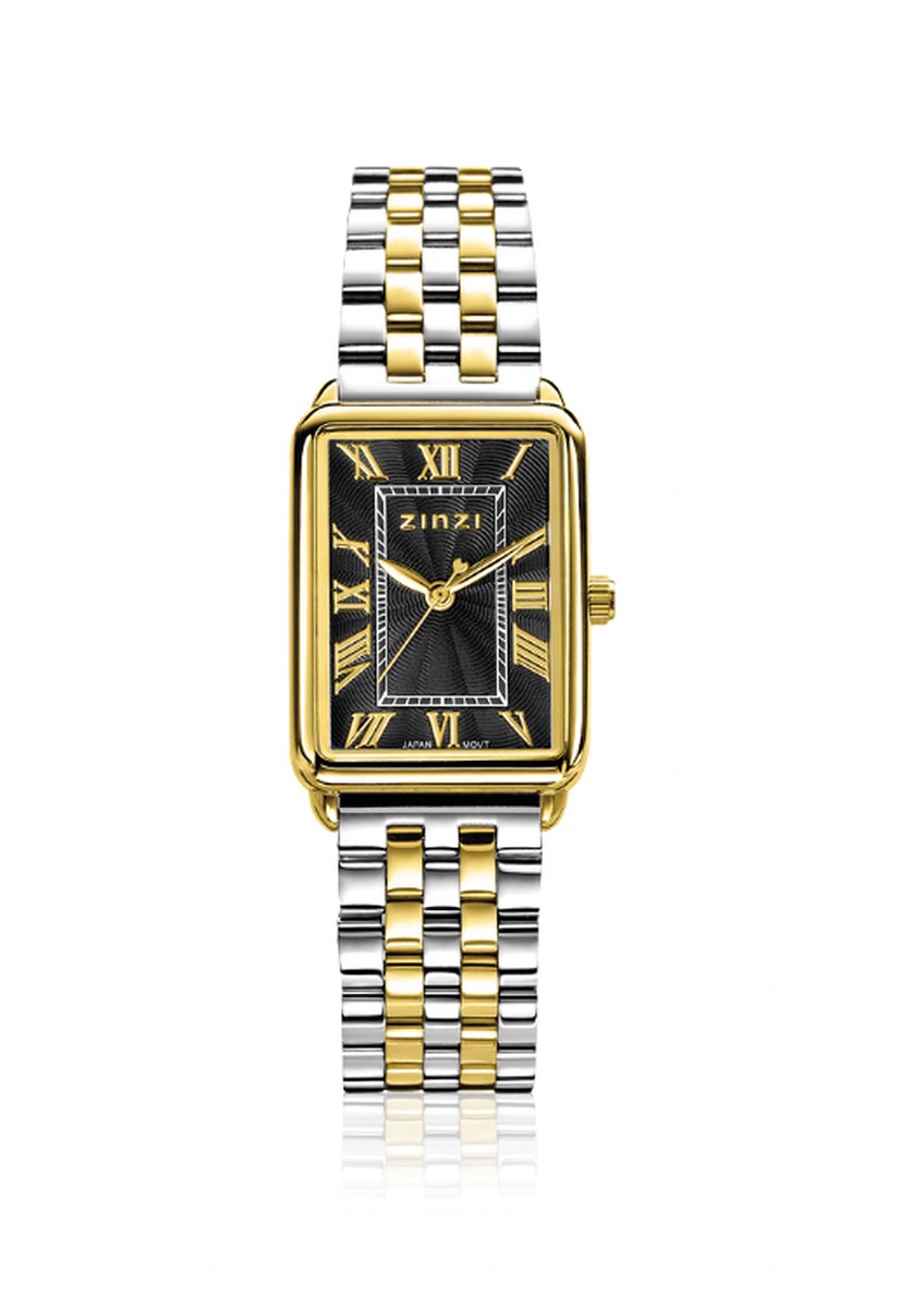 ZINZI Elegance horloge zwarte wijzerplaat en rechthoekige kast stalen bicolor schakelband 28mm extra dun ZIW1943