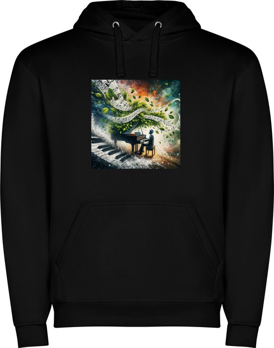 Foto: Zwarte unisex hoodie met kleurrijke piano muziekinstrument vrolijk muziek print full color merk roly maat xxl