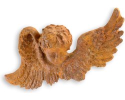 Putto wanddecoratie van roestig gietijzer – decoratief antiek geïnspireerd beeldje voor vintage en industriële interieurstijl – uniek muurornament voor woonkamer en tuin