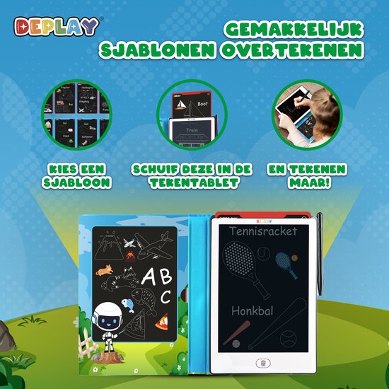 Stappenplan voor DEPLAY tekentablet: kies sjabloon, schuif in tablet en teken. Voorbeelden van sjablonen.
