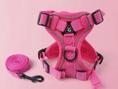 Harnais pour chat avec laisse, anti-fuite, collier pour chat, laisse réglable pour chat avec harnais, en ensemble, harnais de poitrine souple pour chats, chatons, chiens, nieuw design réfléchissant, rose, M