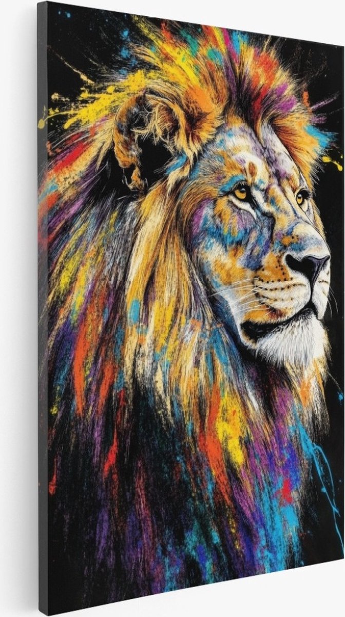 Saammp Canvas Schilderij - Abstract - Leeuw - Verfspetters - Dieren - Kleurrijk - 50x70 - Foto op canvas - Wanddecoratie - Muurdecoratie Woonkamer - Slaapkamer decoratie - Canvas Print Multicolor