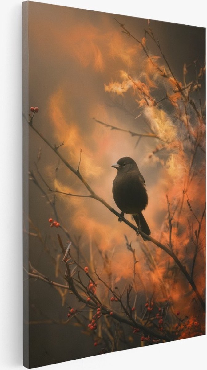 Saammp Canvas Schilderij - Vogel bij tak met besjes - Bloemen - 40x50 - Foto op canvas - Wanddecoratie - Muurdecoratie Woonkamer - Kantoor Decoratie Multicolor
