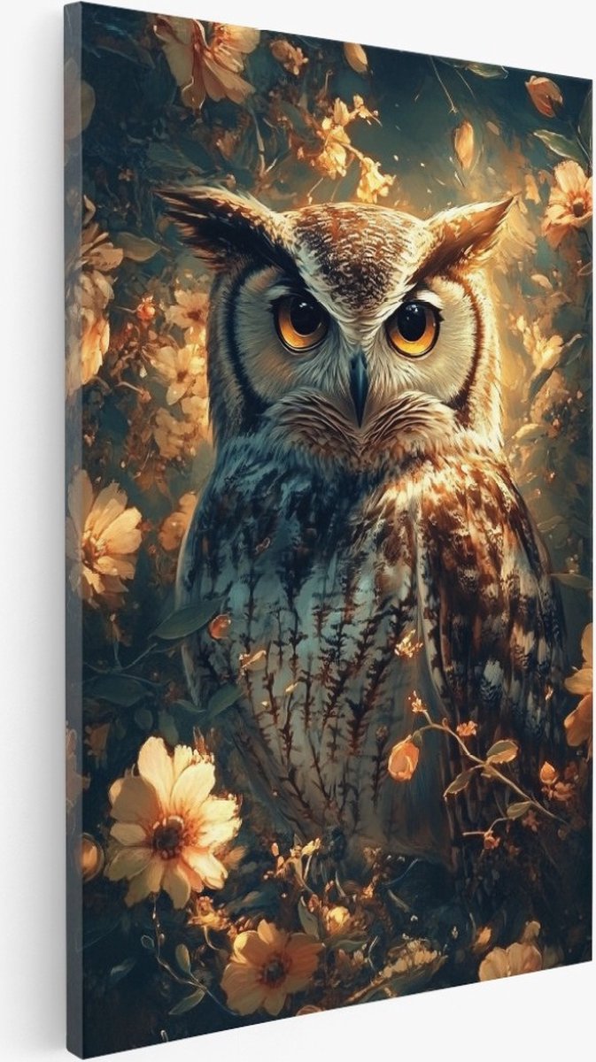 Saammp Canvas Schilderij - Abstract - Uil - Vintage bloemen - Natuur - Dieren - 60x90 - Foto op canvas - Wanddecoratie - Muurdecoratie Woonkamer - Slaapkamer decoratie - Canvas Print Multicolor