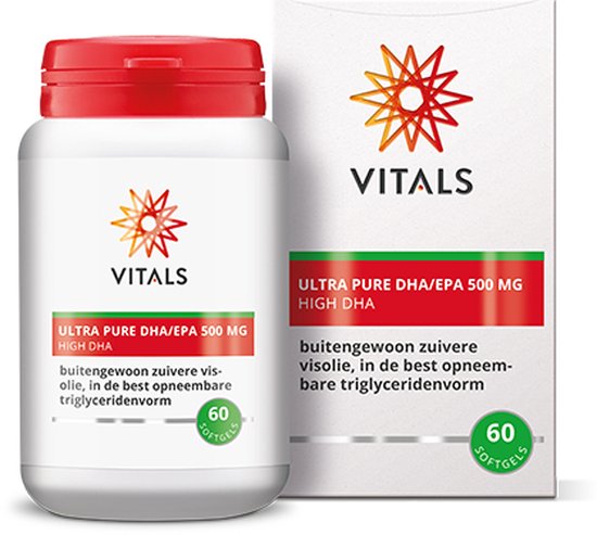 Vitals Ultra Pure DHA/EPA 500 mg - 60 softgels - omega 3. Bij uitstek geschikt voor zwangeren, bij borstvoeding en voor 50+. Buitengewoon zuivere visolie, in de best opneembare triglyceridenvorm.