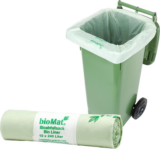 Groene vuilnisbak met een bioMat zak en een rol van 10 zakken van 240 liter.