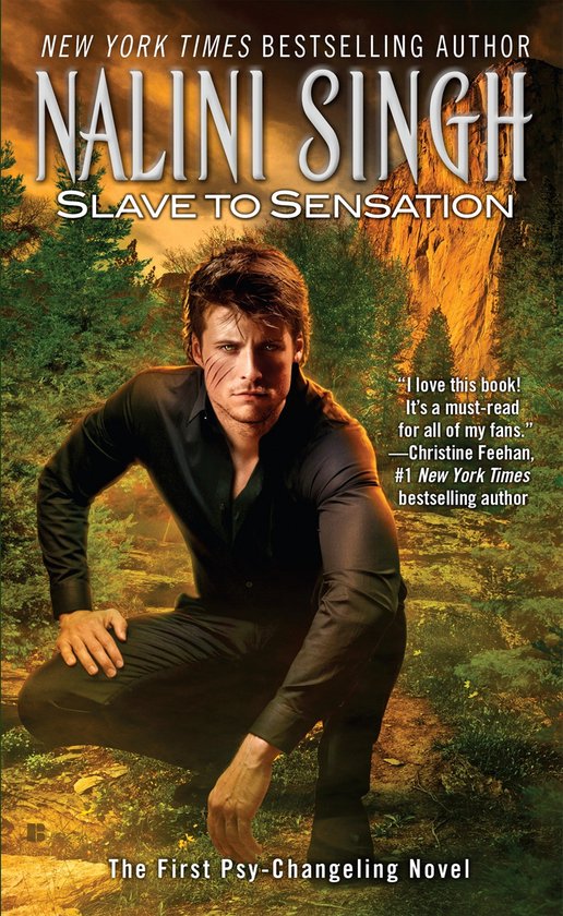 Man in zwart hemd, gehurkt in bosrijke omgeving. Titel: Slave to Sensation.
