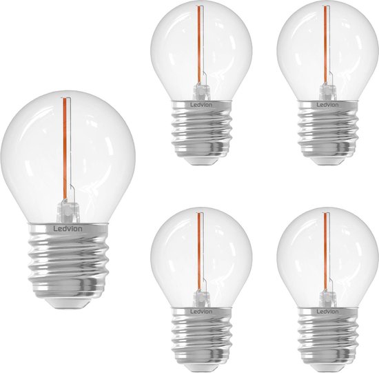 Vijf E27 LED lampen met helder bolglas en een oranje gloeidraad.