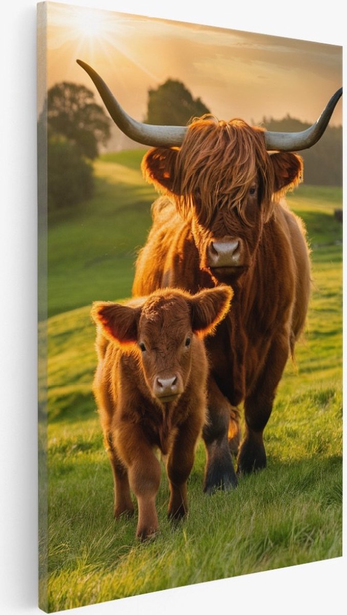 Saammp Canvas Schilderij - Schotse hooglander koe met kalf - Dieren - 20x30 - Foto op canvas - Wanddecoratie - Muurdecoratie Woonkamer - Slaapkamer decoratie - Canvas Print Multicolor
