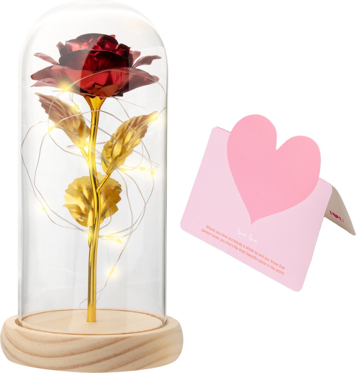 Liefdes Cadeau Rozen - Eeuwige Roos - Rood / Gouden Roos in glas stolp met LED Verlichting - Romantisch Cadeau voor vrouw, vriendin, haar, moeder - Verjaardag - Huwelijk - Kerst - Kunstbloemen - Moederdag Cadeautje