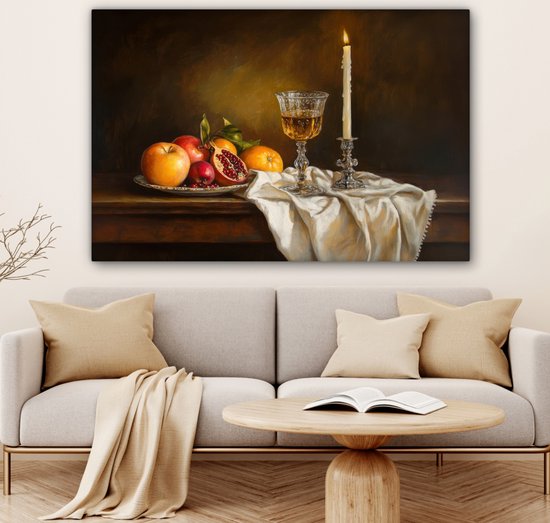 Peinture sur toile 140x90 cm - Décoration murale Fruits - Nature morte - Vin - Bougie - Décoration murale murale salon - Décoration chambre - Accessoires de chambre - Peintures sur toile