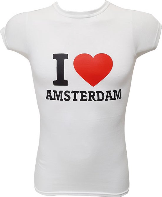 Wit dames T-shirt met de tekst "I AMSTERDAM" en een rode hart-vormige "Love" icoon.